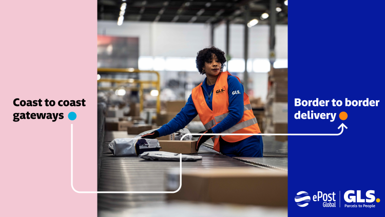 GLS ePost Global announcement with GLS worker carrying package in depot